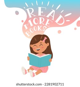 Cartoon girl in pink dress sitting and reading a book