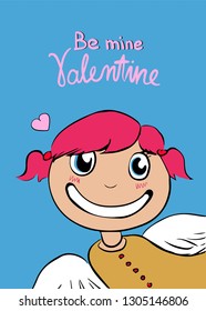 Cartoon girl with pink hair on blue background. Girl with wings.  Angel with pink handwritten calligraphy text. Template for print, card, postcard, poster, covers. Illustration - Vector