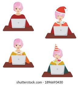 Cartoon girl with pink hair work on a laptop, distant learning, work, or chatting online concept.