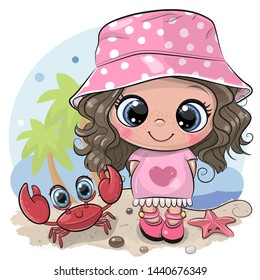 Cartoon Girl in a pink Panama hat and cute crab on the beach