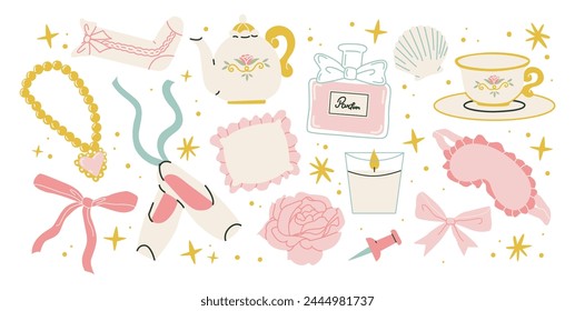 Cartoon girl pink stickers coquette, cute ballet aesthetics in the style of the 90s. Lolita style set with pink bows, pointe shoes, vervese and girly doodle shapes