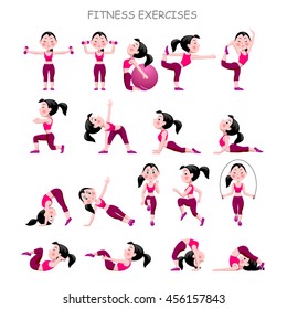 Cartoon girl in pink suit doing fitness exercises isolated on white background. Vector illustration.