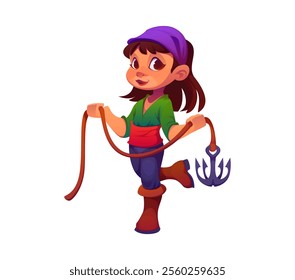 Cartoon girl pirate holding grappling hook. Vector kid corsair character in carnival party costume. Happy smiling child buccaneer personage wears bandana. Isolated baby in filibuster masquerade dress