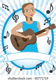 Cartoon girl playing acoustic guitar surrounded by musical notes