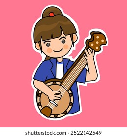 Chica de dibujos animados jugando Banjo. Ilustración vectorial de instrumentos musicales. Conveniente para las pegatinas adorables y el contenido musical de la actuación