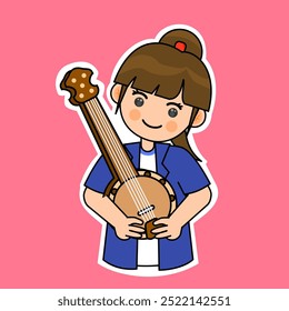 Chica de dibujos animados jugando Banjo. Ilustración vectorial de instrumentos musicales. Conveniente para las pegatinas adorables y el contenido musical de la actuación