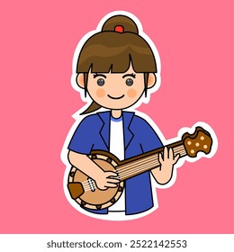 Chica de dibujos animados jugando Banjo. Ilustración vectorial de instrumentos musicales. Conveniente para las pegatinas adorables y el contenido musical de la actuación