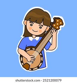 Muchacha de la historieta que juega el banjo en un fondo azul. Ilustración vectorial de instrumentos musicales. Conveniente para las pegatinas adorables y el contenido musical de la actuación