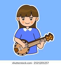 Muchacha de la historieta que juega el banjo en un fondo azul. Ilustración vectorial de instrumentos musicales. Conveniente para las pegatinas adorables y el contenido musical de la actuación