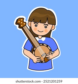 Muchacha de la historieta que juega el banjo en un fondo azul. Ilustración vectorial de instrumentos musicales. Conveniente para las pegatinas adorables y el contenido musical de la actuación