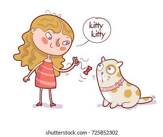 Cartoon girl playing bow on rope with her cat. Isolated vector illustration of happy kid and pet. Funny cartoon character. White background