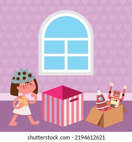 cartoon girl playing with boxes and toys