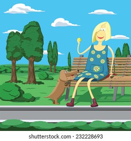 Cartoon girl playing with dog in park