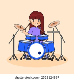 Garota de Desenho Animado Tocando o Conjunto de Tambor. Ilustração de vetor. Adequado para Atividade de Músico e Conteúdo de Performance Musical