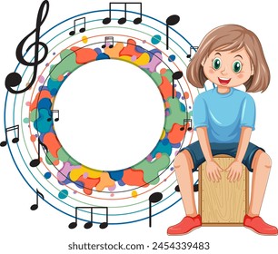 Cartoon girl playing drum surrounded by musical notes.