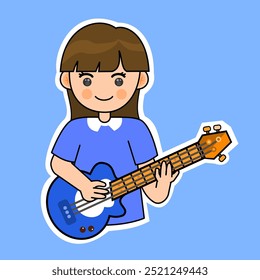 Cartoon Girl Playing Electric Guitar Bass. Music Instrument Vector Illustration. Suitable for Adorable Stickers and Musical Performance Content