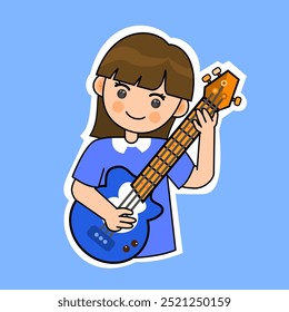 Cartoon Girl Playing Electric Guitar Bass. Music Instrument Vector Illustration. Suitable for Adorable Stickers and Musical Performance Content