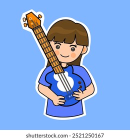 Cartoon Girl Playing Electric Guitar Bass. Music Instrument Vector Illustration. Suitable for Adorable Stickers and Musical Performance Content