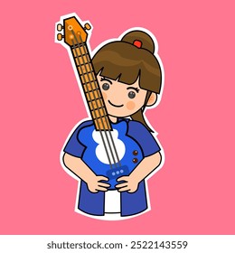 Cartoon Girl Playing Electric Guitar Bass. Music Instrument Vector Illustration. Suitable for Adorable Stickers and Musical Performance Content