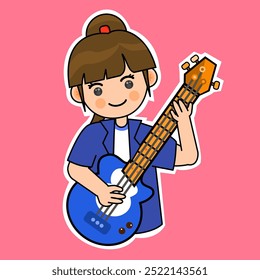 Cartoon Girl Playing Electric Guitar Bass. Music Instrument Vector Illustration. Suitable for Adorable Stickers and Musical Performance Content