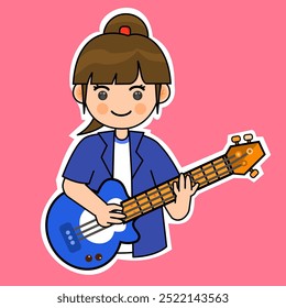 Cartoon Girl Playing Electric Guitar Bass. Music Instrument Vector Illustration. Suitable for Adorable Stickers and Musical Performance Content