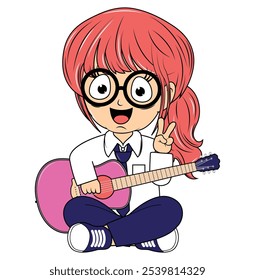 Cartoon Girl Playing Guitar Illustration