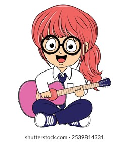 Cartoon Girl Playing Guitar Illustration