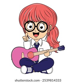 Cartoon Girl Playing Guitar Illustration