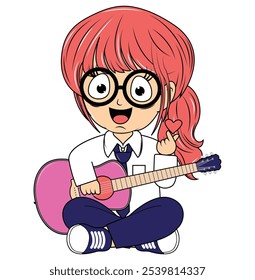 Cartoon Girl Playing Guitar Illustration