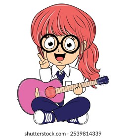 Cartoon Girl Playing Guitar Illustration