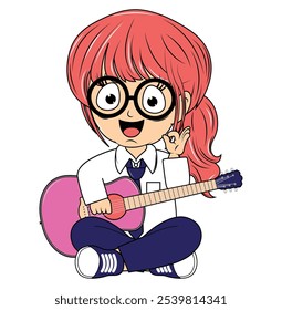 Cartoon Girl Playing Guitar Illustration