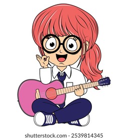 Cartoon Girl Playing Guitar Illustration