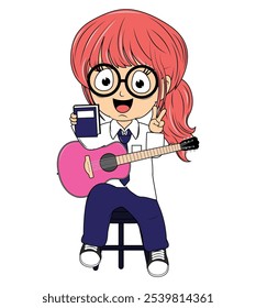 Cartoon Girl Playing Guitar Illustration