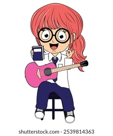 Cartoon Girl Playing Guitar Illustration