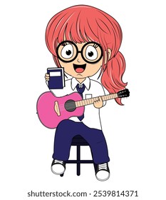 Cartoon Girl Playing Guitar Illustration