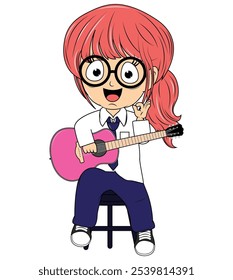 Cartoon Girl Playing Guitar Illustration