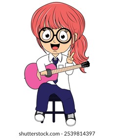 Cartoon Girl Playing Guitar Illustration