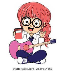 Cartoon Girl Playing Guitar Illustration