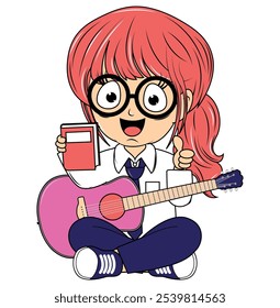 Cartoon Girl Playing Guitar Illustration