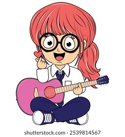 Cartoon Girl Playing Guitar Illustration