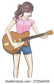 Cartoon girl playing guitar in white isolated background 