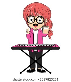 Cartoon Girl Playing keyboards  Illustration