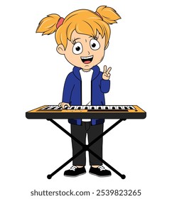 Cartoon Girl Playing keyboards  Illustration