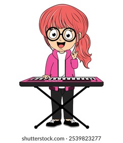 Cartoon Girl Playing keyboards  Illustration