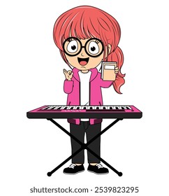 Cartoon Girl Playing keyboards  Illustration