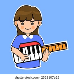 Muchacha de la historieta que juega un instrumento del keytar en un fondo azul. Ilustración vectorial. Conveniente para las pegatinas adorables y el contenido musical de la actuación