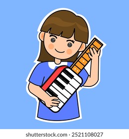 Muchacha de la historieta que juega un instrumento del keytar en un fondo azul. Ilustración vectorial. Conveniente para las pegatinas adorables y el contenido musical de la actuación