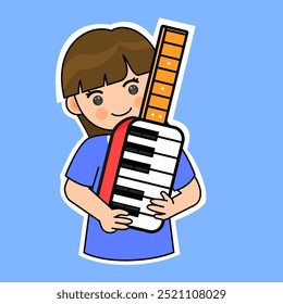 Muchacha de la historieta que juega un instrumento del keytar en un fondo azul. Ilustración vectorial. Conveniente para las pegatinas adorables y el contenido musical de la actuación