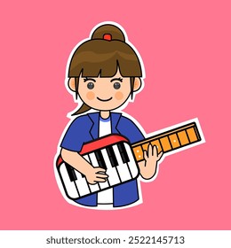 Chica de dibujos animados tocando un instrumento de Keytar. Ilustración vectorial. Conveniente para las pegatinas adorables y el contenido musical de la actuación