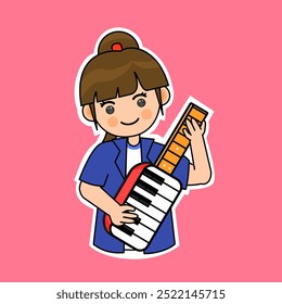 Chica de dibujos animados tocando un instrumento de Keytar. Ilustración vectorial. Conveniente para las pegatinas adorables y el contenido musical de la actuación